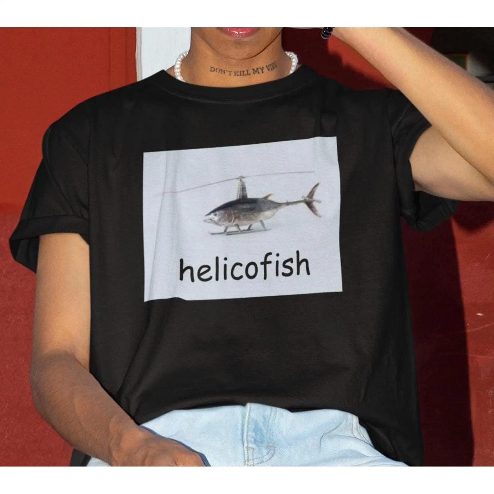 Vintage Fashion Gen Z - Футболка Helicofish с забавным мемом: Рыба-вертолет.